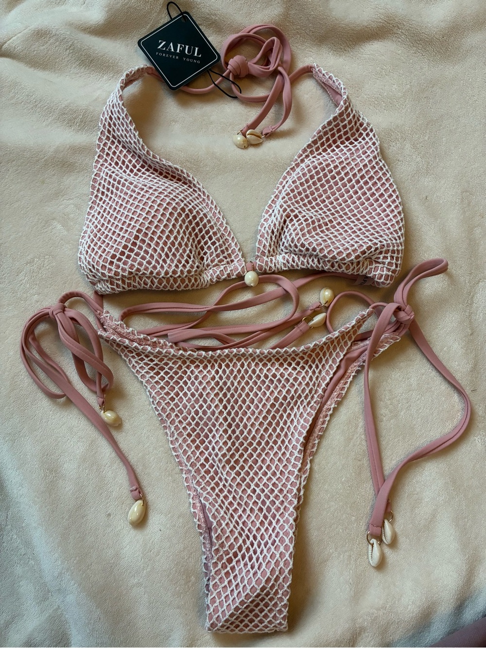 Light pink Fishnet Bikini Set Size Small NWT Shells Tie